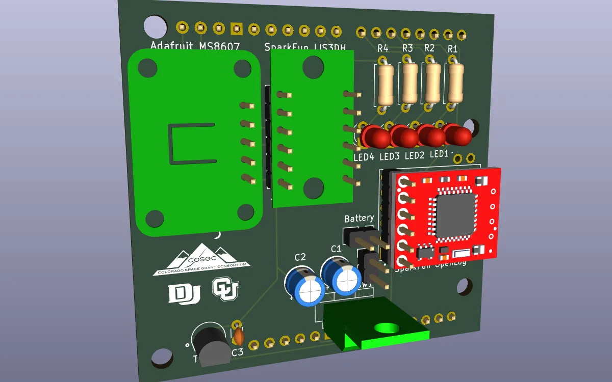 KiCad 3D render of a green shield board with two sensor breakouts, four LEDs with resistors, a red microSD logger and a battery connector