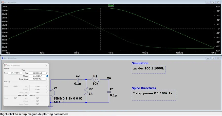 LTspice frequency response of the band-pass with a cursor at 501 hertz and minus 21.6 decibels