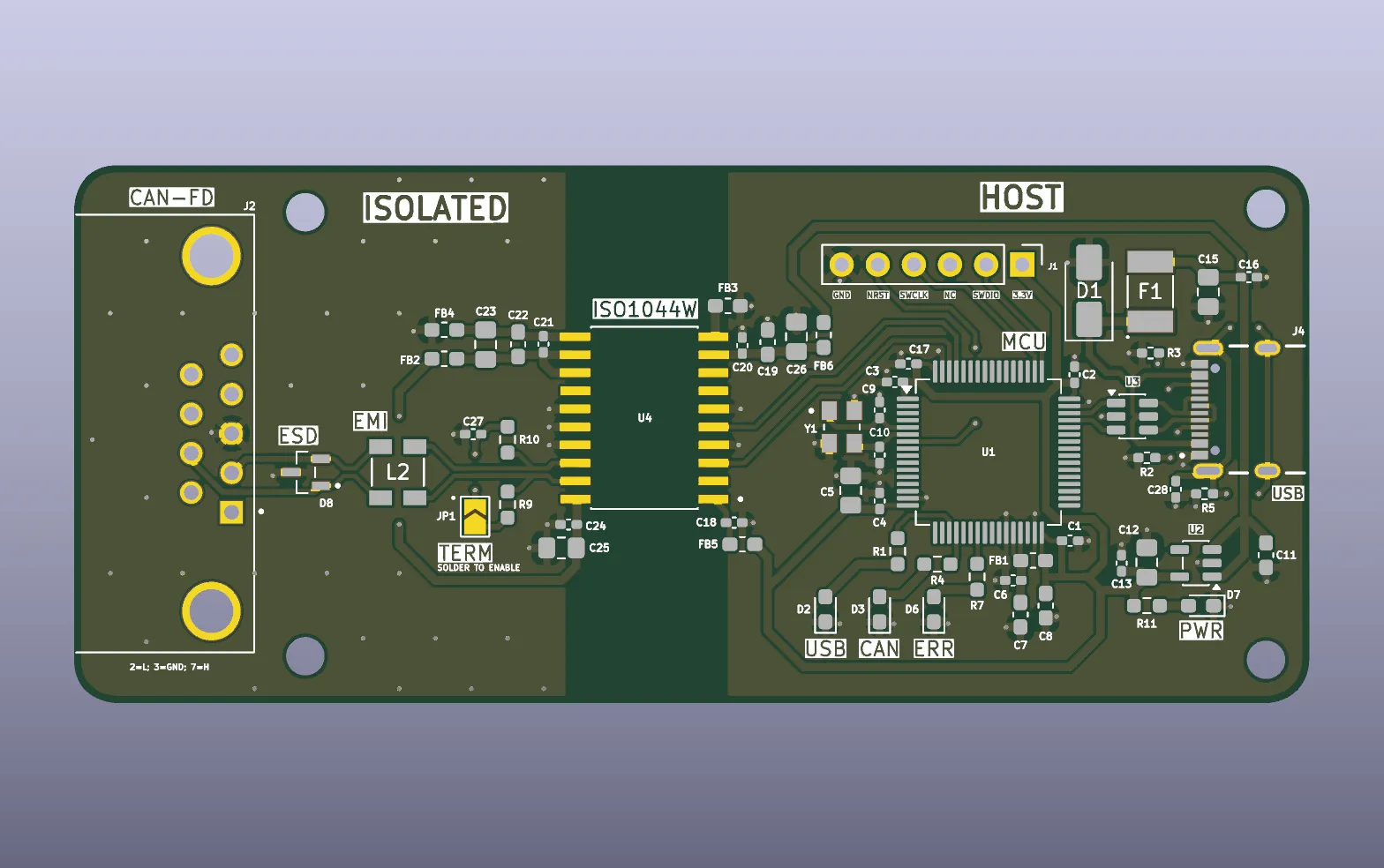 KiCad 3D render of a long two-layer board with an isolated CAN FD side on the left, a host side with an STM32 on the right, and a USB-C connector