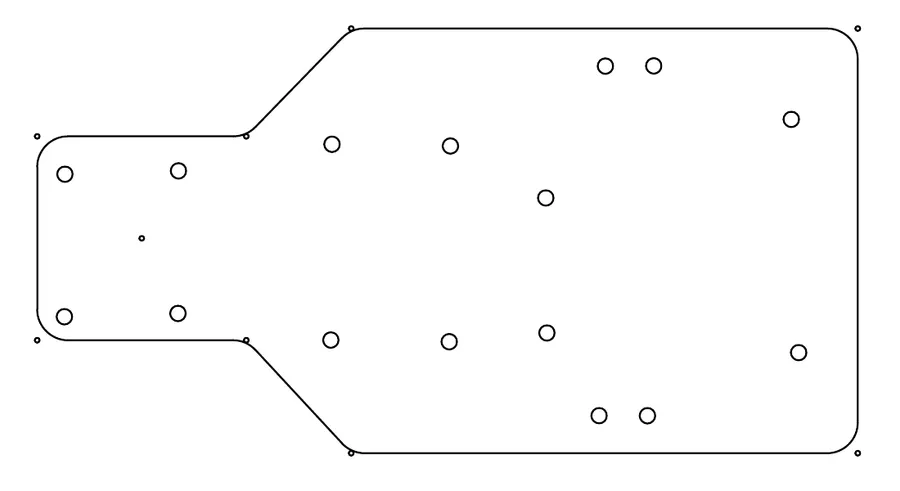 Line drawing of a laser-cut chassis plate with a narrow tail section and mounting holes