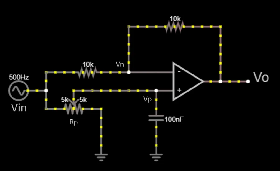 Falstad schematic of an op-amp with two 10k resistors, a 5k and 5k potentiometer labeled Rp and a 100 nF capacitor to ground, driven by a 500 Hz source