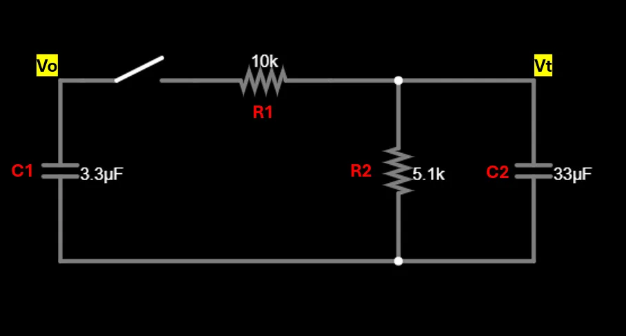 Falstad schematic with a charged 3.3 uF capacitor, a switch, a 10k resistor, a 5.1k resistor to ground and a 33 uF capacitor
