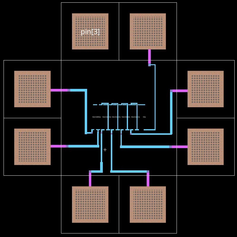 Chip layout in Electric VLSI with a small resistor ladder in the middle of a square frame of eight bonding pads
