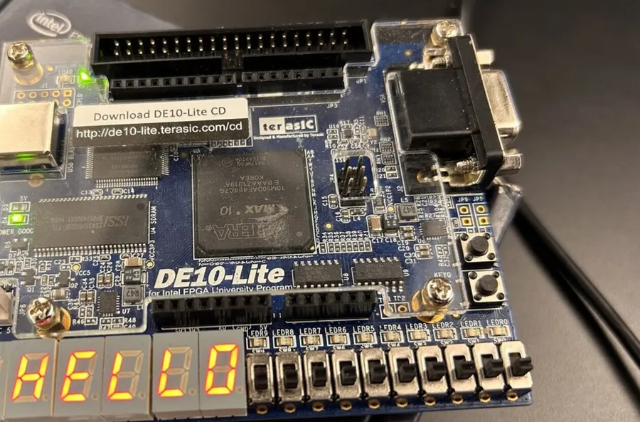 A DE10-Lite board with HELLO shown on its seven-segment displays
