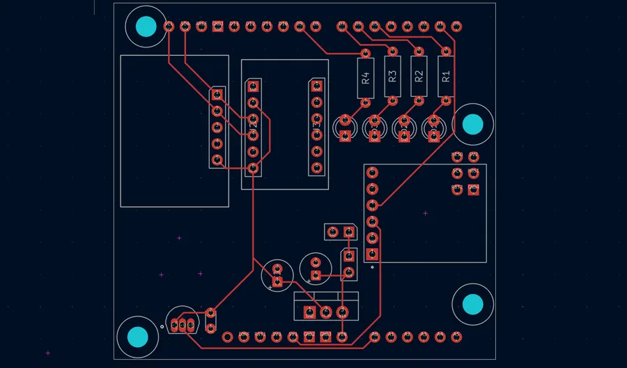 Routed PCB layout with the Arduino header pins along the edges and traces to the sensor headers