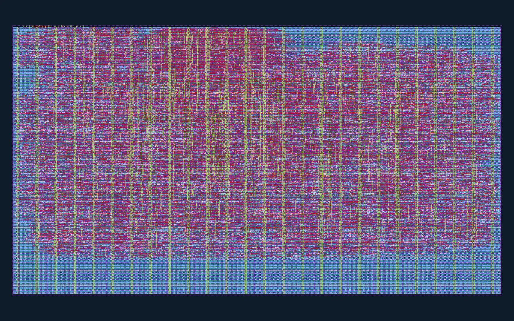 The final chip layout rendered from the GDS, with vertical power stripes, dense magenta and red routing in the middle and blue fill around the edges