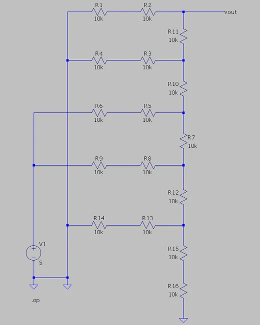 LTspice schematic of the R-2R ladder built from sixteen 10k resistors