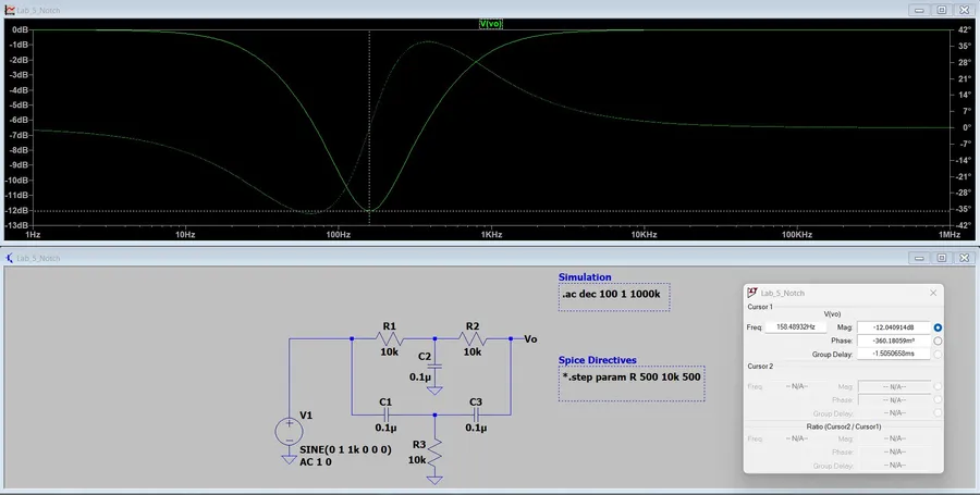 LTspice frequency response of the notch filter with a cursor at 158.5 hertz and minus 12 decibels