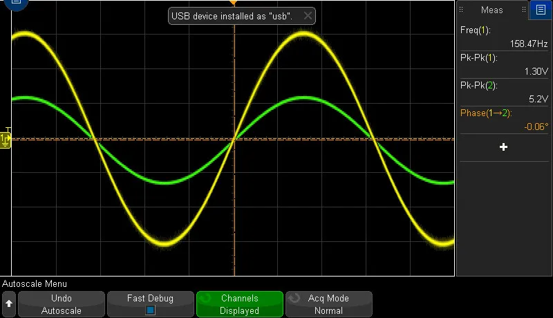 Oscilloscope trace showing the notch output sine at about a quarter of the input amplitude at 158 hertz
