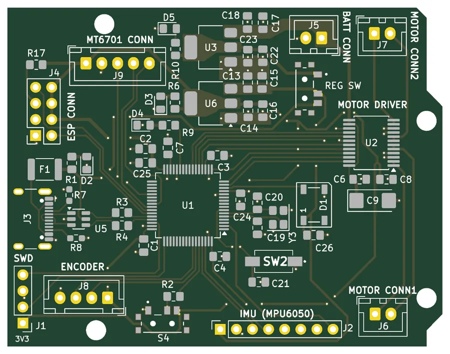 KiCad render of the robot board with an STM32 in the middle, a motor driver, connectors for the encoder, IMU, battery and motors, and an ESP connector