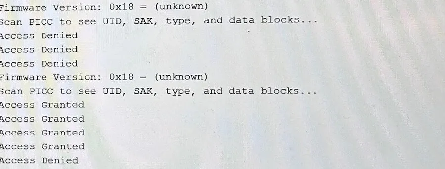 Serial monitor text showing several Access Denied lines, then four Access Granted lines, then one more Access Denied
