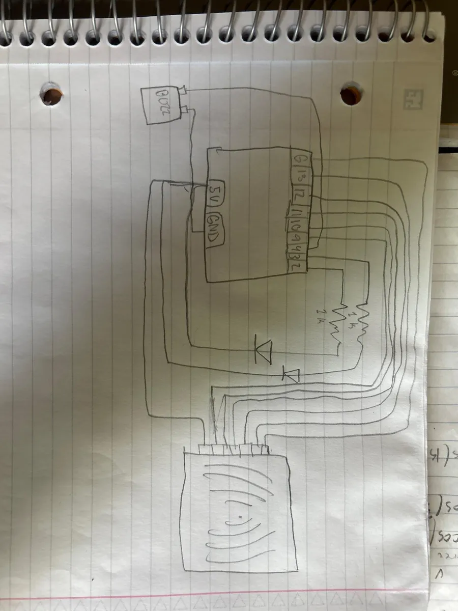 Pencil wiring sketch of the Arduino, the RFID module, a buzzer, two resistors and two LEDs