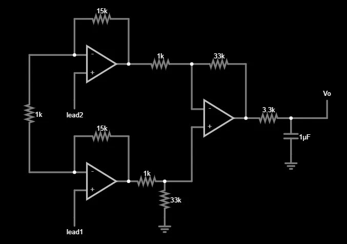 Schematic with two input amplifiers sharing a gain resistor, a difference amplifier and an RC low-pass