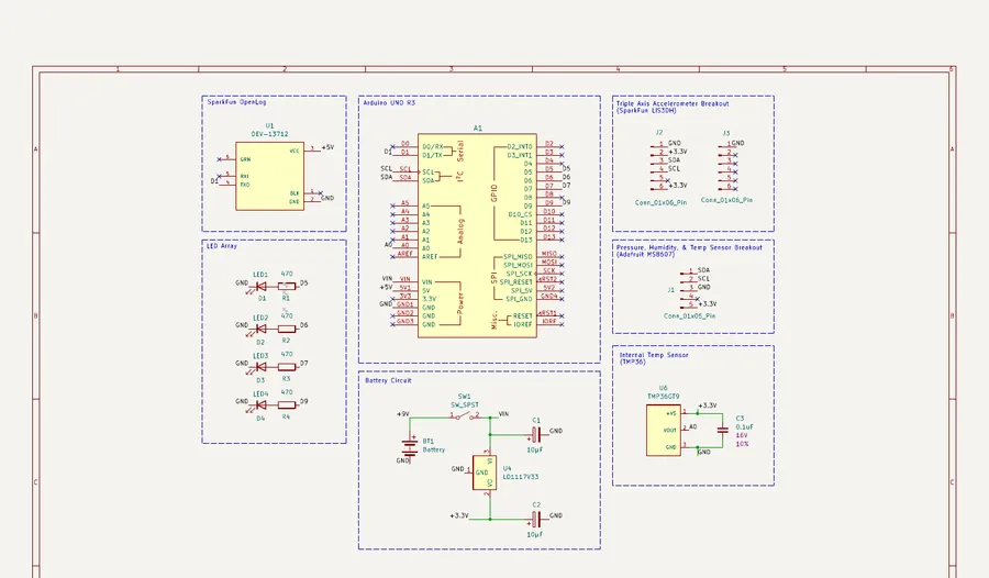 KiCad schematic split into blocks for the logger, LEDs, battery circuit, sensors and the Arduino
