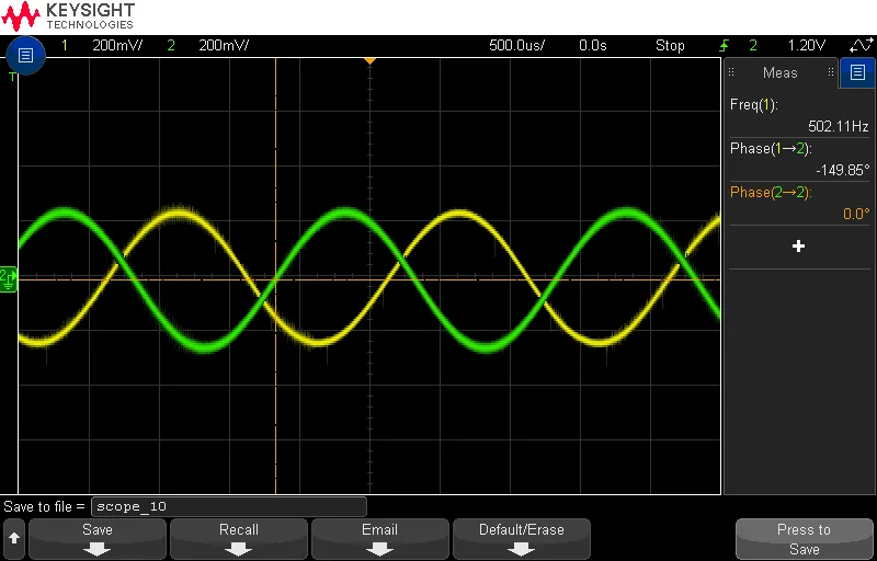 Oscilloscope trace of two sine waves nearly opposite each other, with a phase reading of minus 149.85 degrees