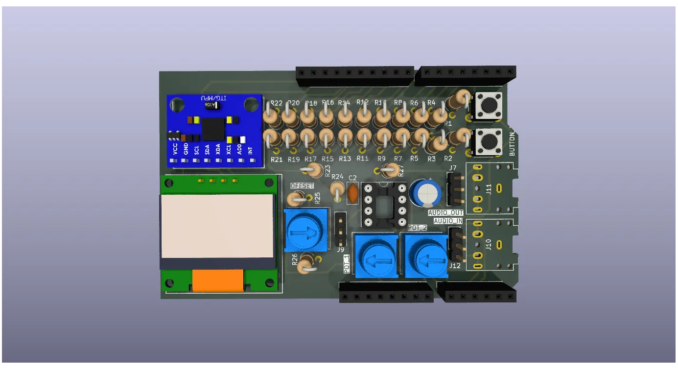 KiCad 3D render of the shield with a blue IMU module, an OLED, blue trim pots, a grid of resistors, two buttons and an op-amp socket