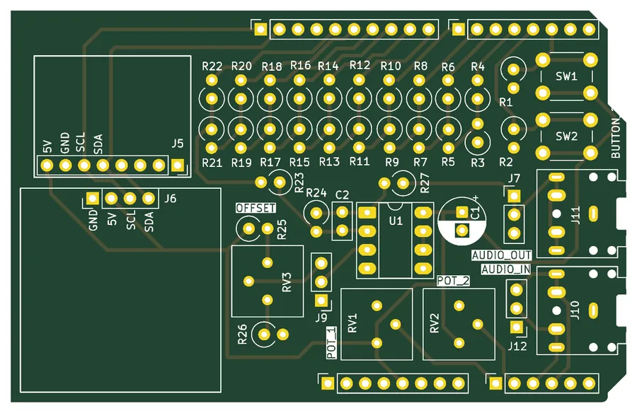 KiCad render of the bare board layout with a grid of resistor pads, two buttons, three trim pot footprints, two audio jacks, an op-amp socket and headers for an IMU and a display
