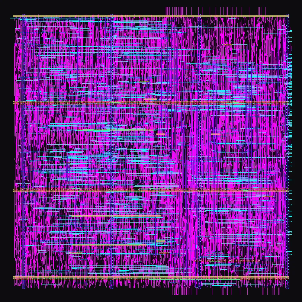 Chip layout render of the core on Sky130, with routing on metal 2 through 5 and the power grid as long straight stripes