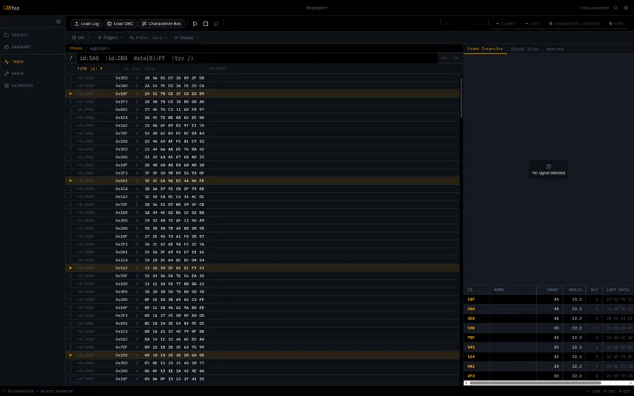 Dark desktop app showing a table of CAN frames with timestamps, identifiers and data bytes, and an inspector panel on the right