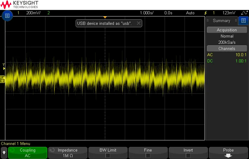 Oscilloscope capture of the output before the low-pass, with heavy noise