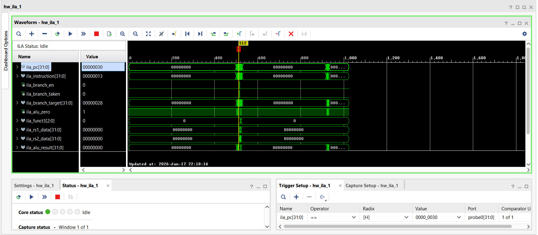 Vivado ILA waveform: PC=0x30 with branch_en=0 and Instruction=NOP, one cycle behind where it should be