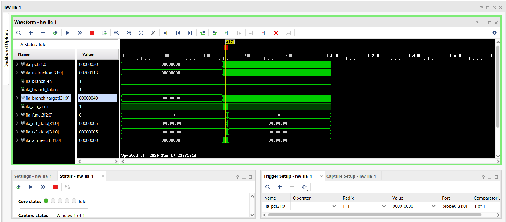 Vivado ILA waveform after fix: PC=0x30, branch_en=1, branch_taken=1, PC jumps to 0x40