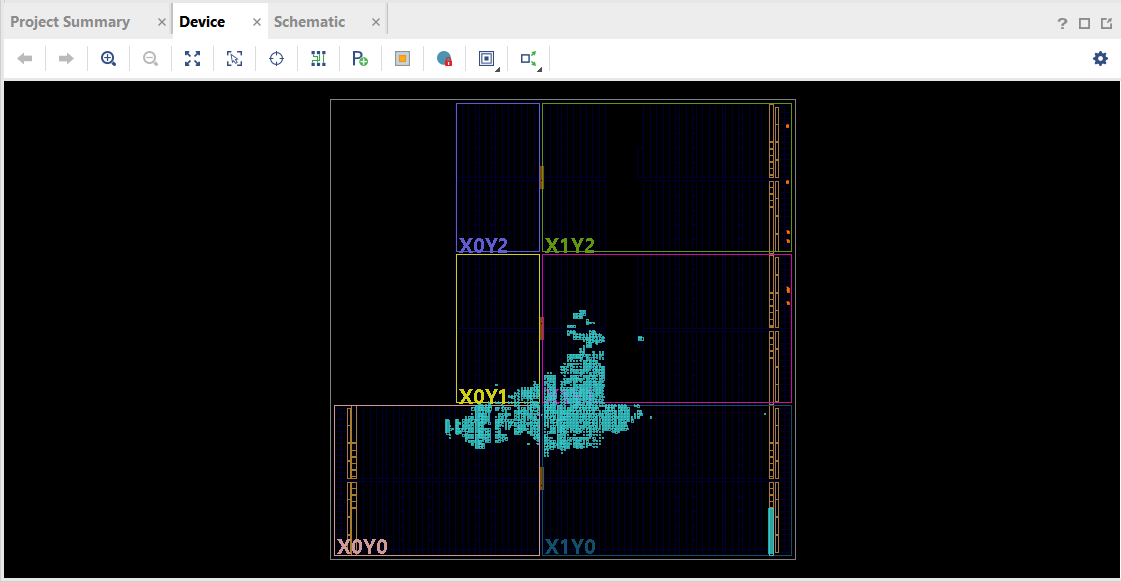 Vivado implementation device view: placed cells on the Zynq-7000 FPGA fabric, with most of the device unused